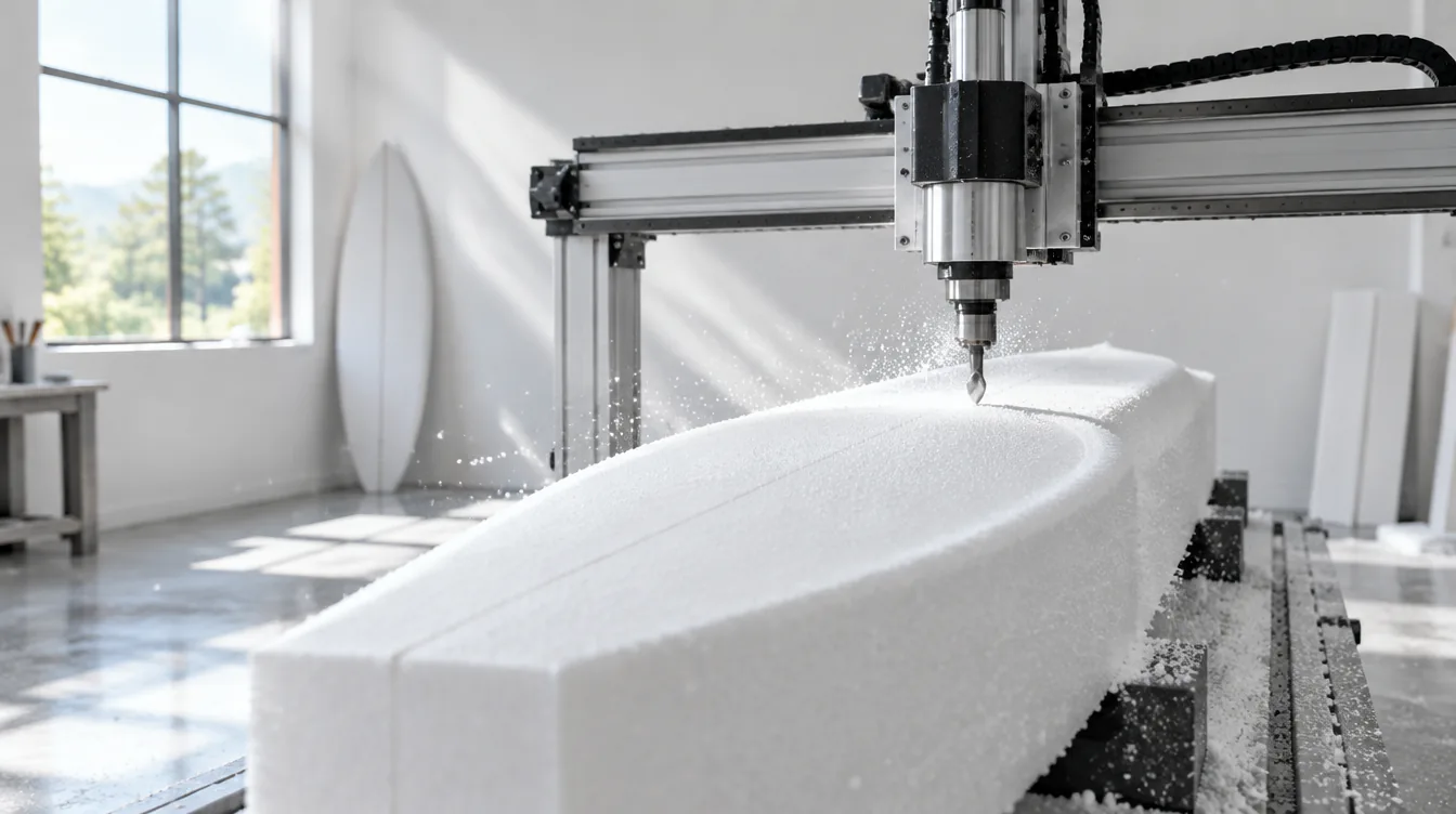 A CNC router carving a white foam board blank in a bright workshop