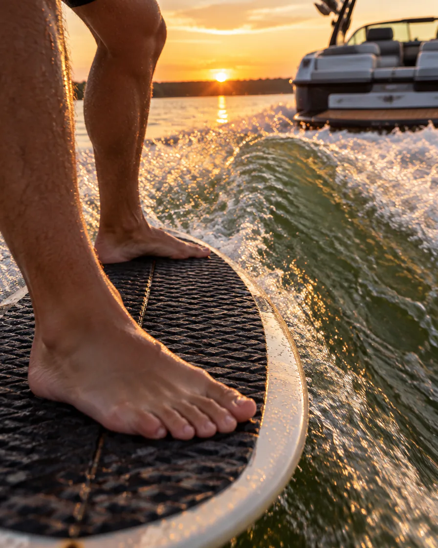 Bare feet on a dark traction pad on a wakesurf board riding the wake, the boat ahead and a low sun behind
