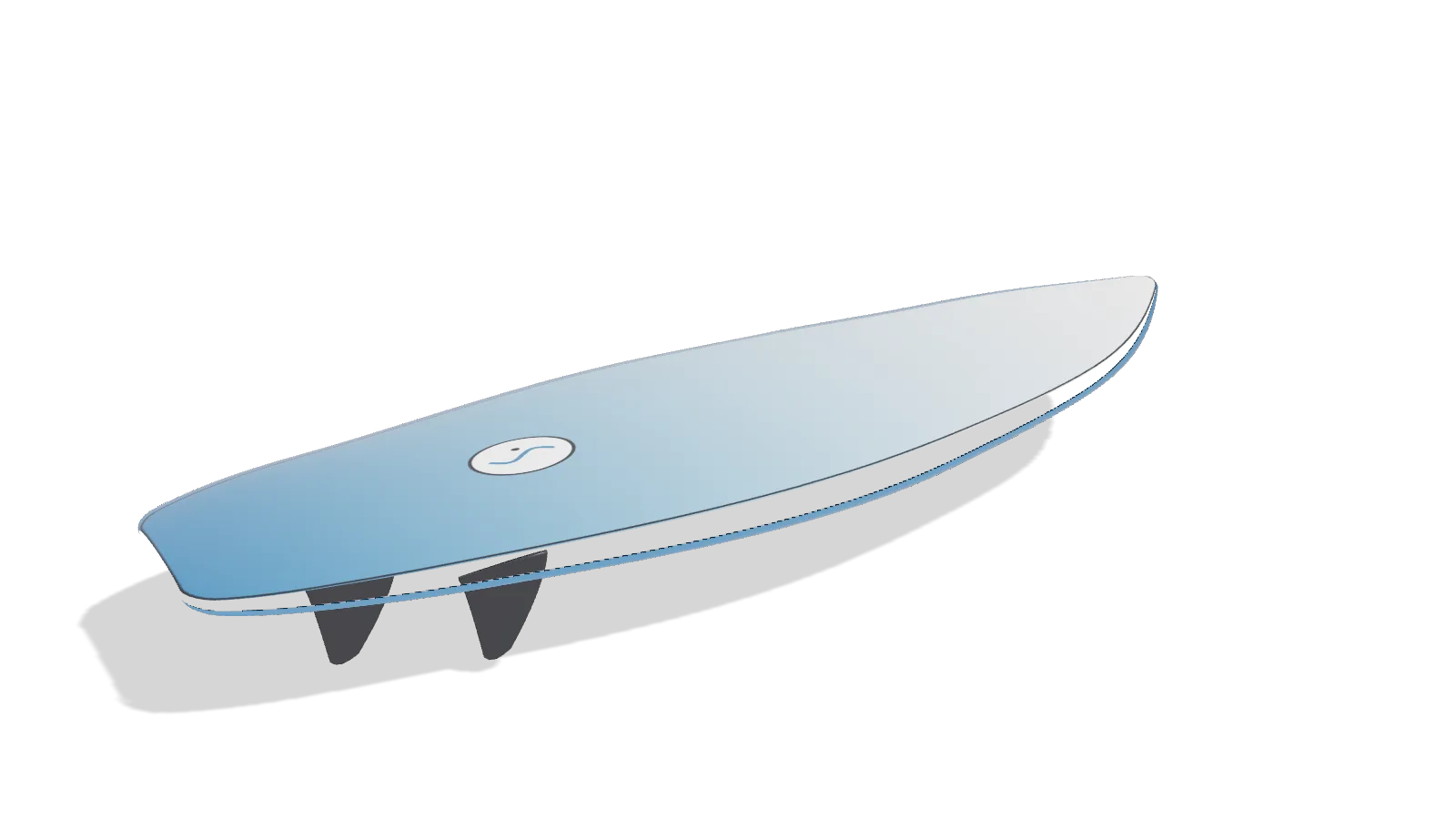 3D render of a surf-style wakesurf board, deep blue fading to white, with its fins, on a white studio stage