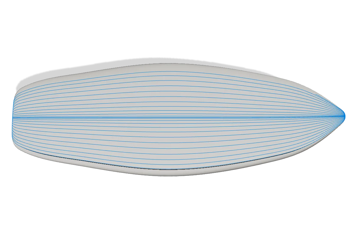 The foam blank seen from above with blue toolpath lines drawn across it