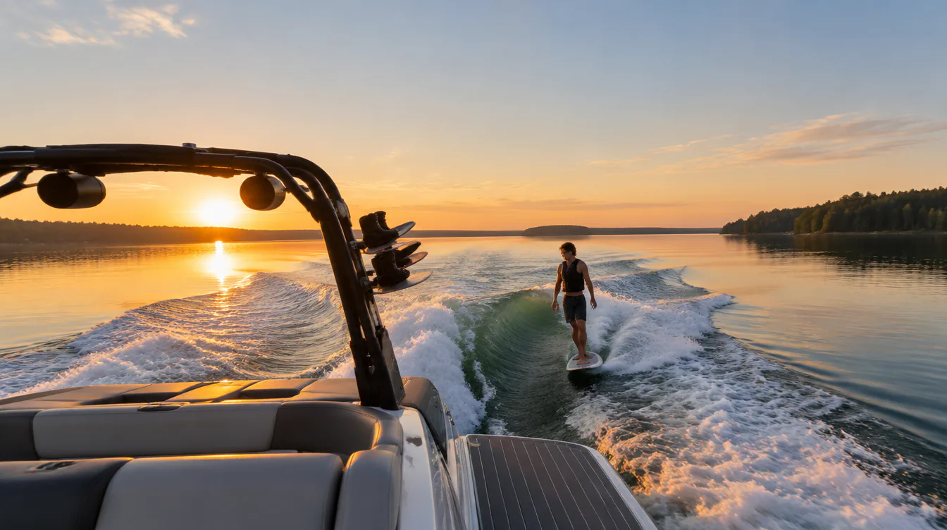 Looking back from a wake boat's tower at a rider on the wake, a calm lake at sunset