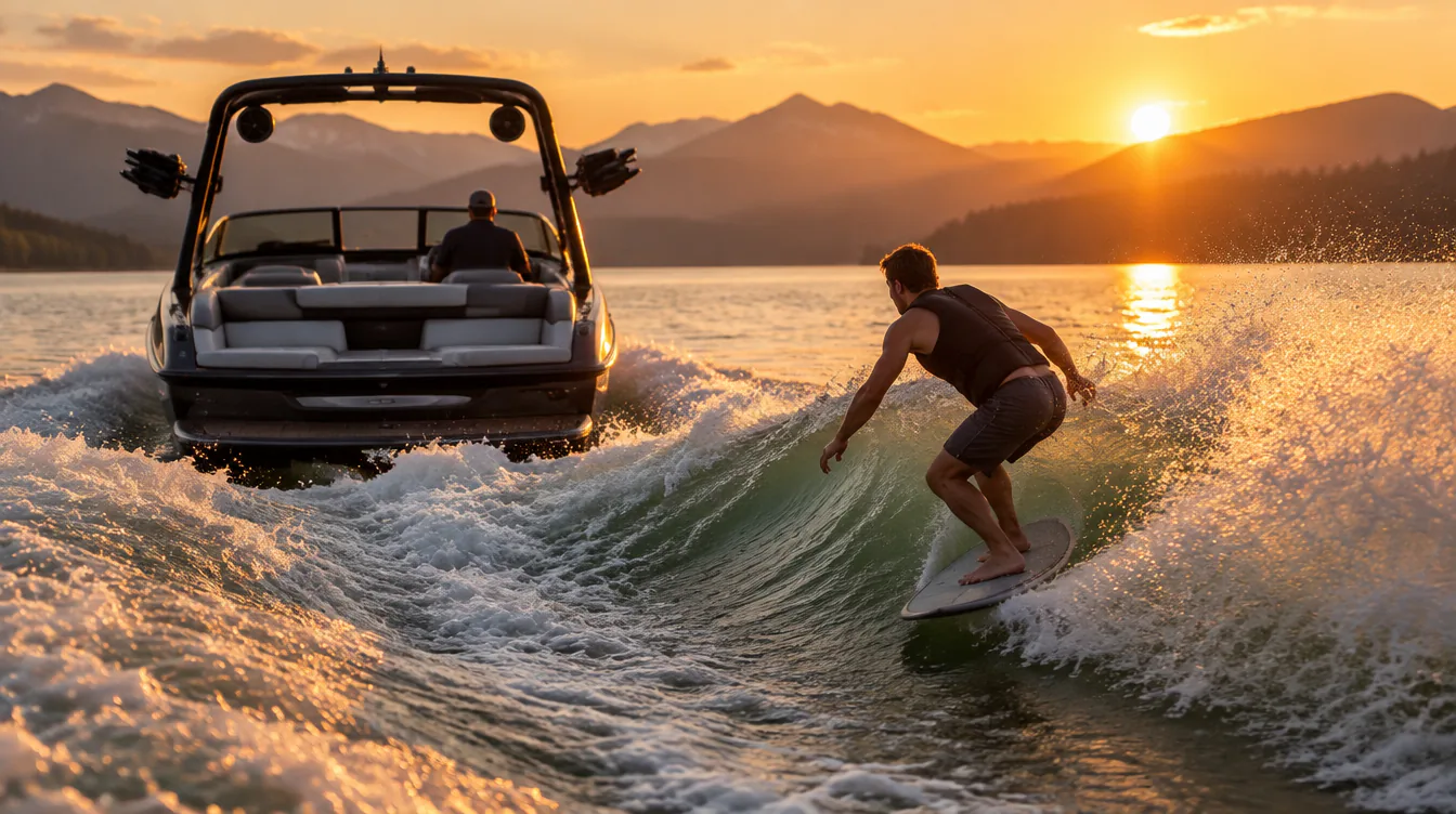 A rider carving the wake close behind a wake boat at sunset, mountains and a lake behind