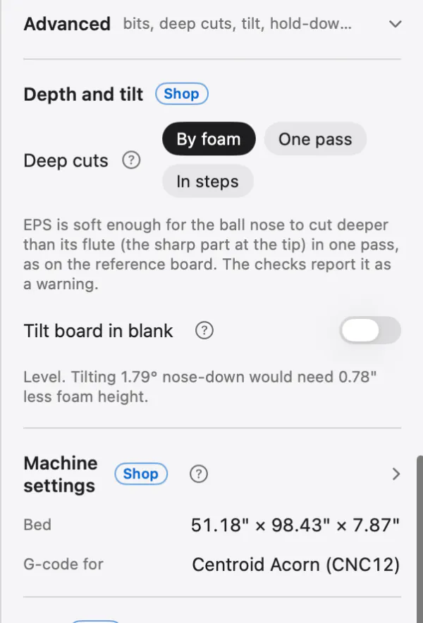 The Advanced disclosure open: Depth and tilt with the deep-cut rule and the tilt switch, Machine settings with the bed size and post, and the start of the Bits list