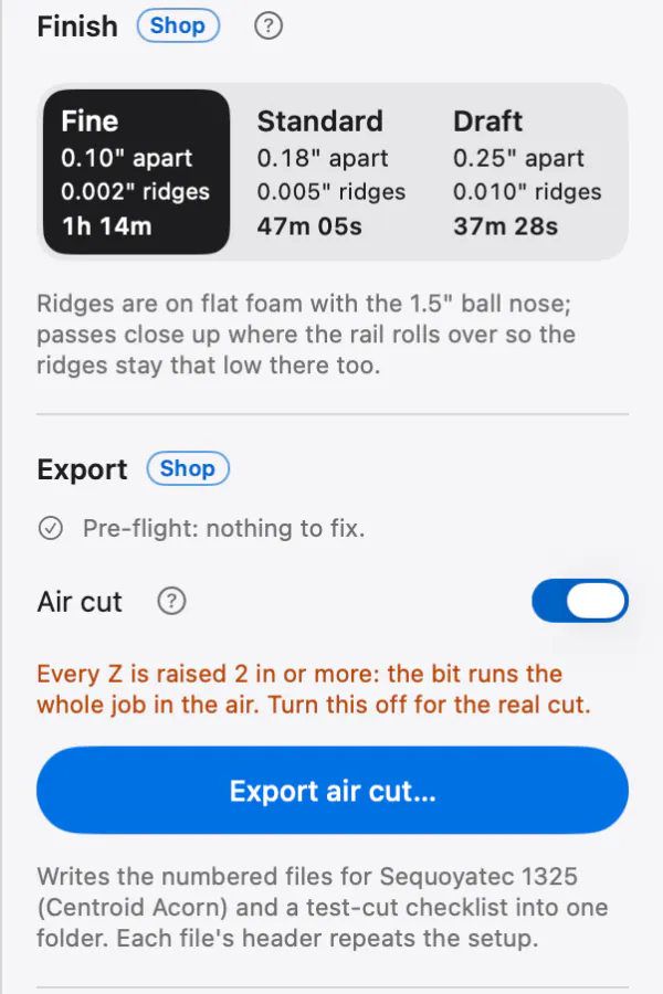 Air cut switched on: an orange line saying every Z is raised 2 inches or more so the bit runs the whole job in the air, the Export air cut button, and a note that the numbered files and a test-cut checklist go into one folder