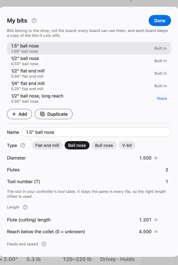 The My bits editor: built-in bits and your own, with type, diameter, flutes, flute length, reach, feed and plunge