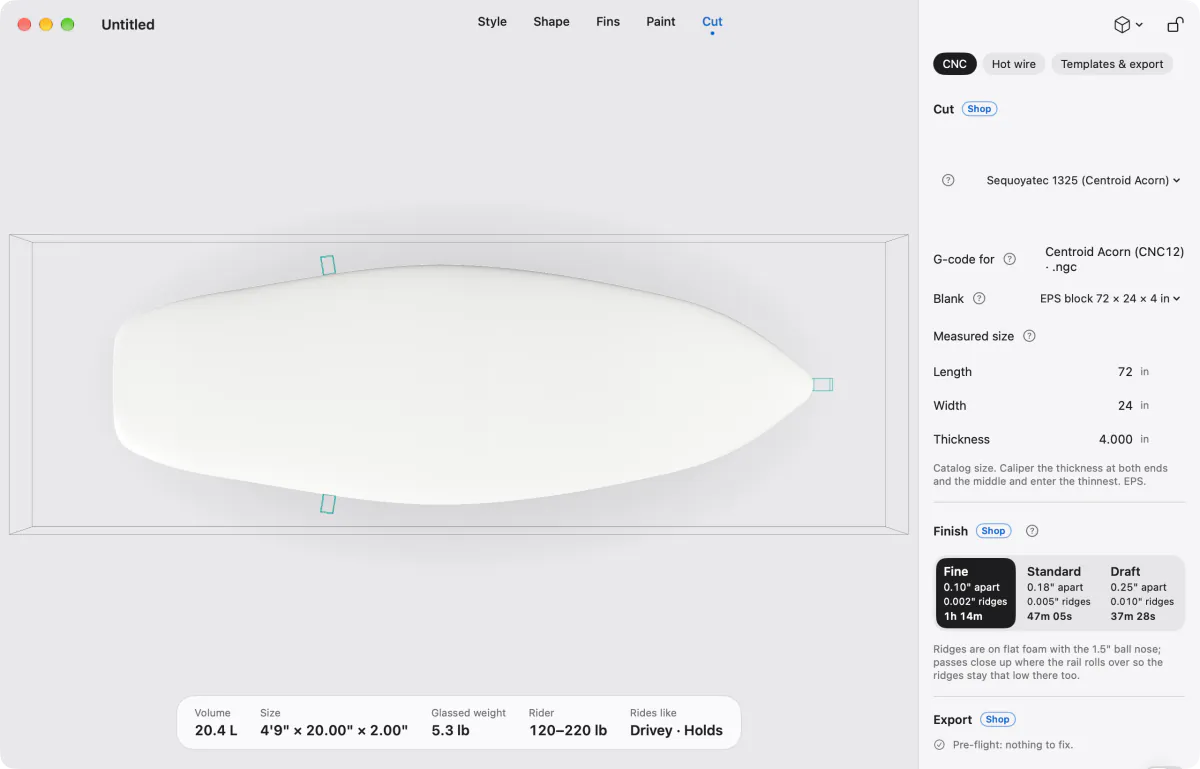 Quick cut on the Cut step: the board from above on the machine table, and an inspector with the machine, G-code for, the blank with its measured length, width and thickness, the finish presets with their whole-job times, and Export