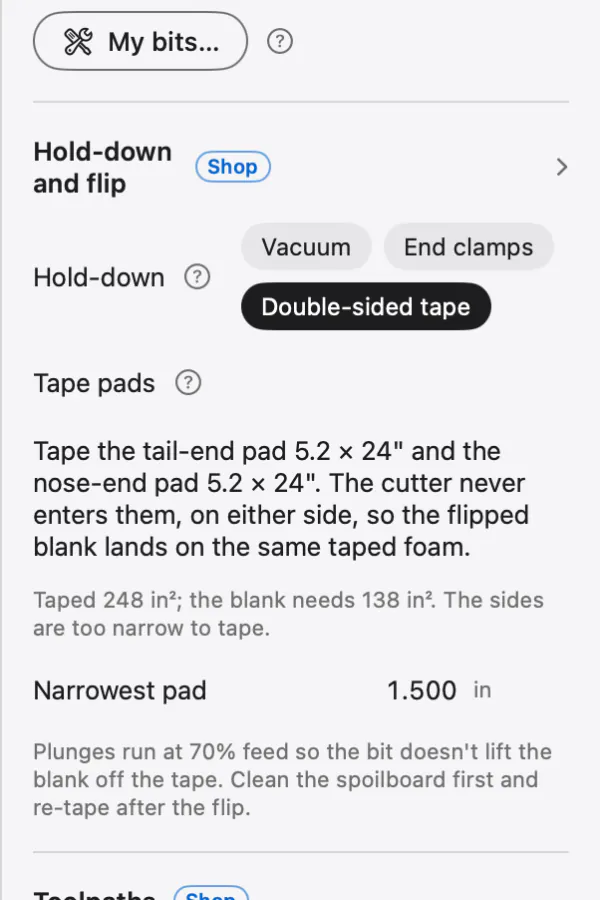 Hold-down set to double-sided tape, with the tape pads described in words: tape the tail-end pad 5.2 by 24 inches and the nose-end pad 5.2 by 24 inches
