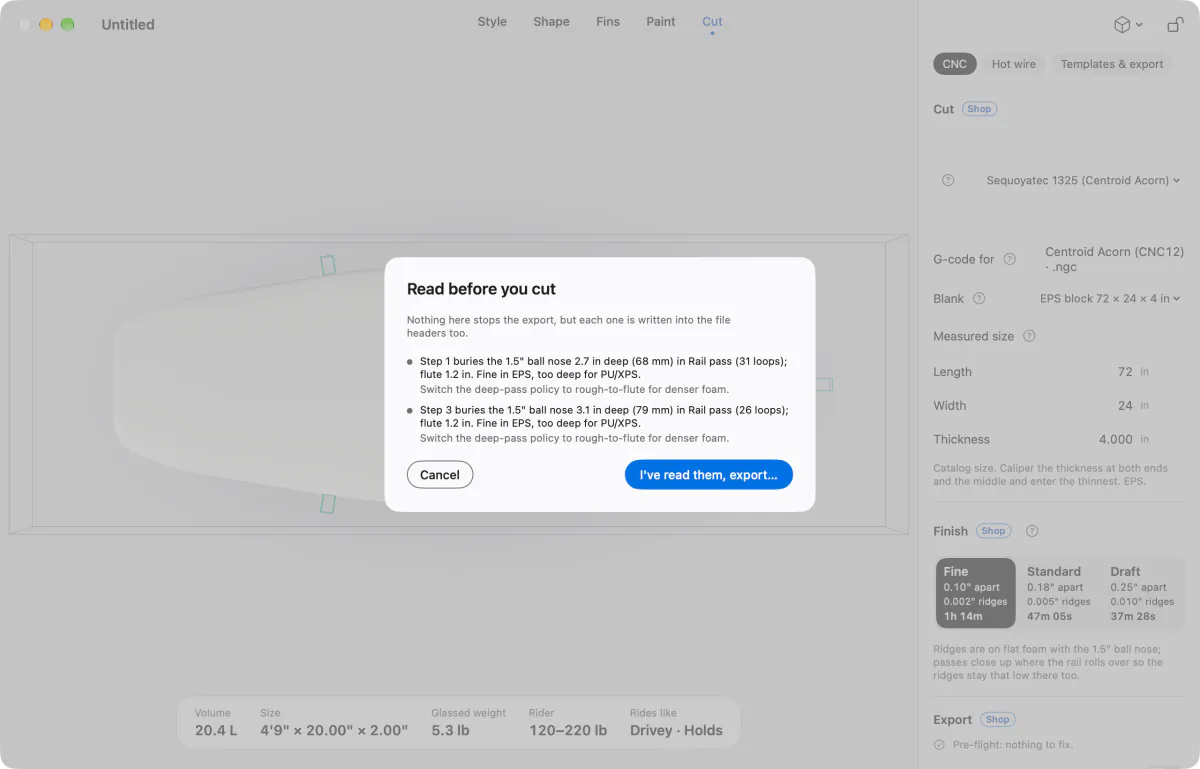 A Read before you cut sheet listing warnings, each with a suggested fix