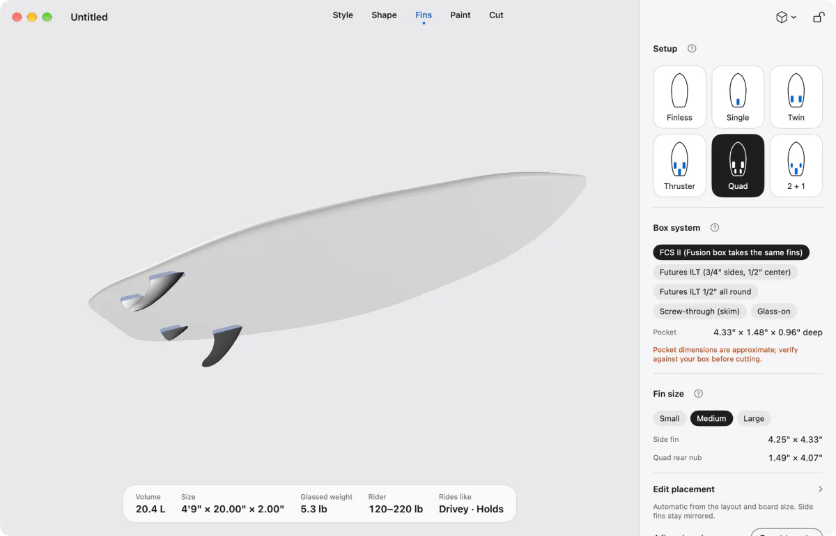 The board as a quad: two swept front fins and two low, long rear nubs