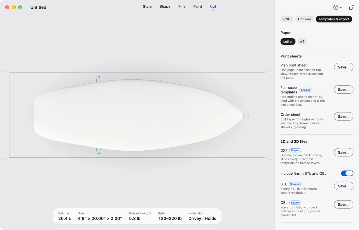 The Templates and export tab: Letter or A4, plan print sheet, full-scale templates, order sheet, and DXF, STL and OBJ exports